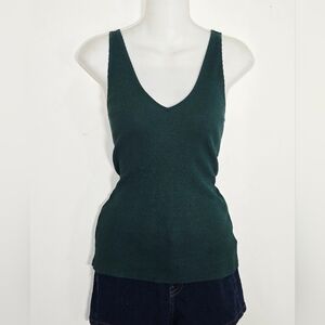 Express Dark Green Ribbed Sleeveless V-Neck Tank Top
